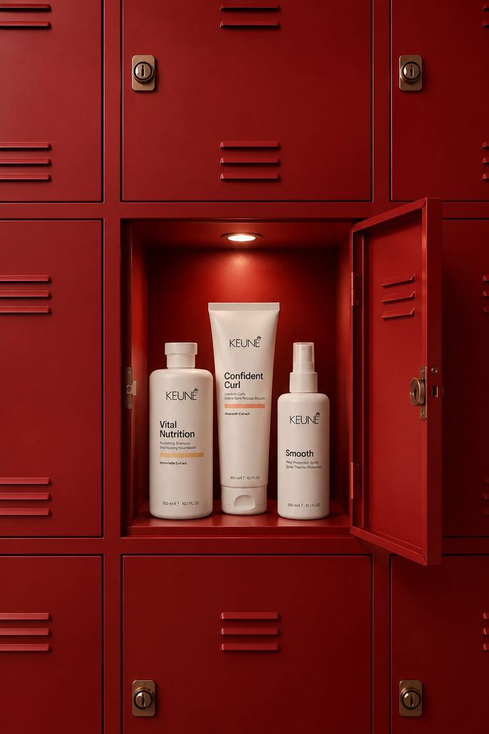 Soins Keune Vital Nutrition et Smooth présentés dans un casier rouge du salon.